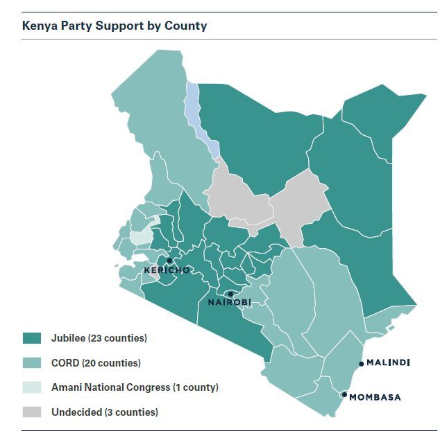 Kenyan party support by county