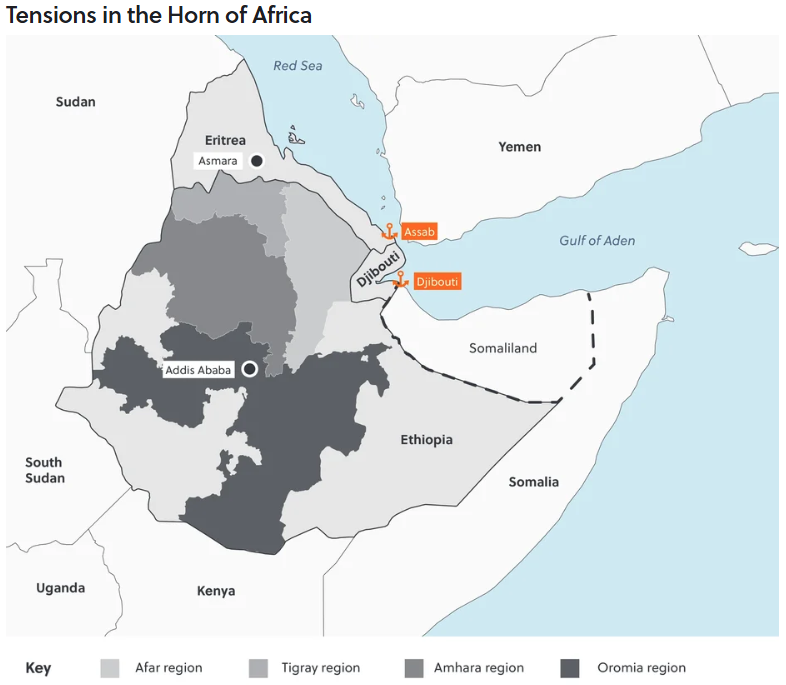 Map illustrating tensions in the Horn of Africa
